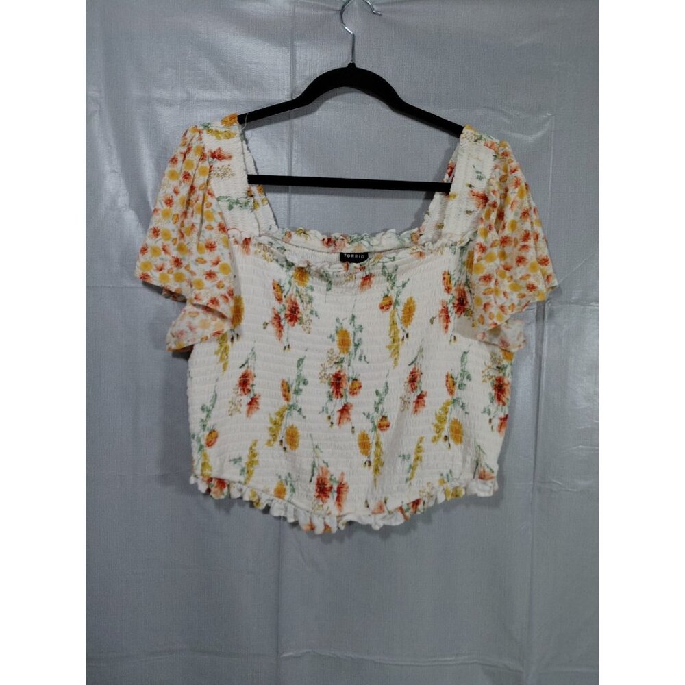 Torrid Floral Smocked Crop Top 18/20 Square Neck Flutter Sleeve Cottagecore Fall